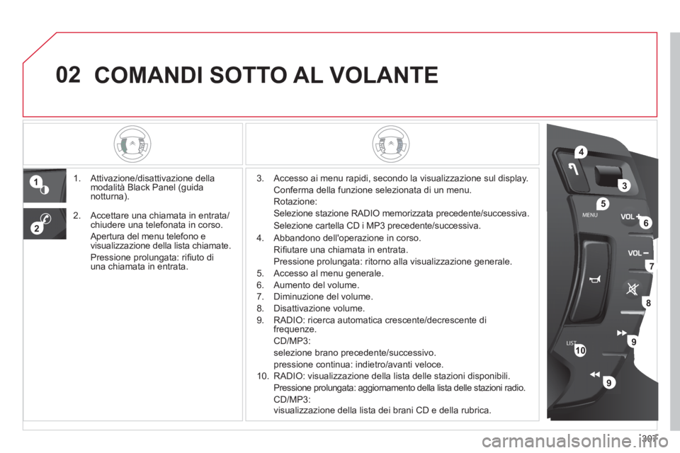 CITROEN C5 2012  Libretti Di Uso E manutenzione (in Italian) 307
02
LISTMENU
1
2
4
3
5
6
7
8
9
9
10
  COMANDI SOTTO AL VOLANTE 
 
 
 
 
 
 
 
 
 
 
 
 
1.  Attivazione/disattivazione della 
modalità Black Panel (guida 
notturna).    
3.   Accesso ai menu rapid