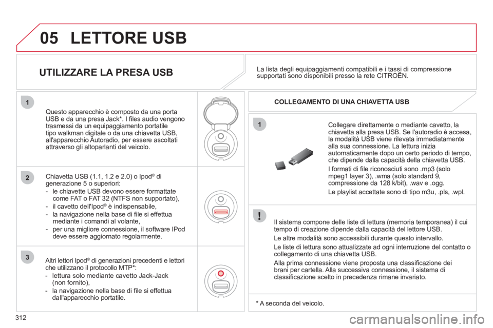 CITROEN C5 2012 Libretti Di Uso E manutenzione (in Italian) 312
05
1
2
3
1
LETTORE USB
Il sistema compone delle liste di lettura (memoria temporanea) il cui
tempo di creazione dipende dalla capacità del lettore USB.
Le altre modalità sono accessib CITROEN C5 2012 Libretti Di Uso E manutenzione (in Italian) 312
05
1
2
3
1
LETTORE USB
Il sistema compone delle liste di lettura (memoria temporanea) il cui
tempo di creazione dipende dalla capacità del lettore USB.
Le altre modalità sono accessib