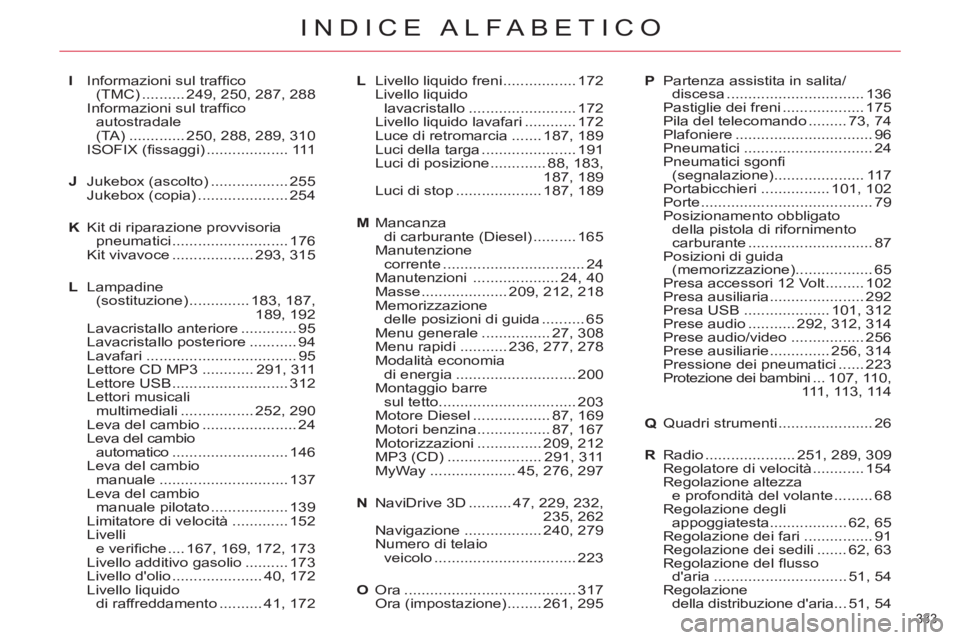 CITROEN C5 2012  Libretti Di Uso E manutenzione (in Italian) 333 
INDICE ALFABETICO
I Informazioni sul trafﬁ co 
(TMC) .......... 249, 250, 287, 288
  Informazioni sul trafﬁ co 
autostradale 
(TA) ............. 250, 288, 289, 310
 ISOFIX (ﬁ ssaggi) ......