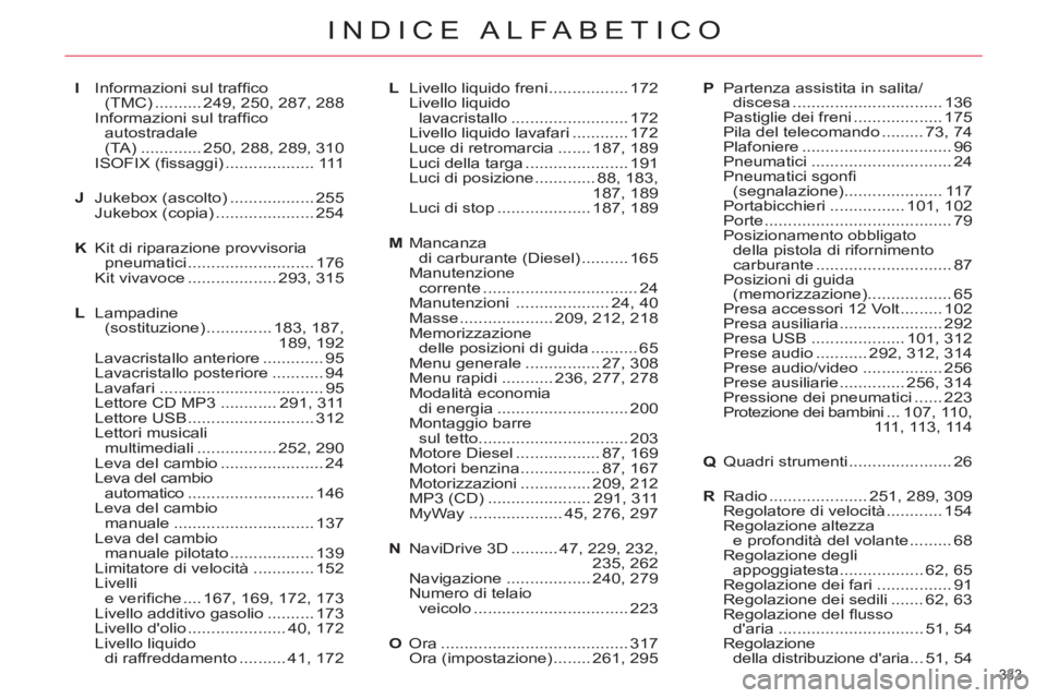 CITROEN C5 2012 Libretti Di Uso E manutenzione (in Italian) 333
INDICE ALFABETICO
I Informazioni sul traffi co
(TMC) .......... 249, 250, 287, 288
Informazioni sul traffi co
autostradale
(TA) ............. 250, 288, 289, 310
ISOFIX (fi ssaggi) ...... CITROEN C5 2012 Libretti Di Uso E manutenzione (in Italian) 333
INDICE ALFABETICO
I Informazioni sul traffi co
(TMC) .......... 249, 250, 287, 288
Informazioni sul traffi co
autostradale
(TA) ............. 250, 288, 289, 310
ISOFIX (fi ssaggi) ......