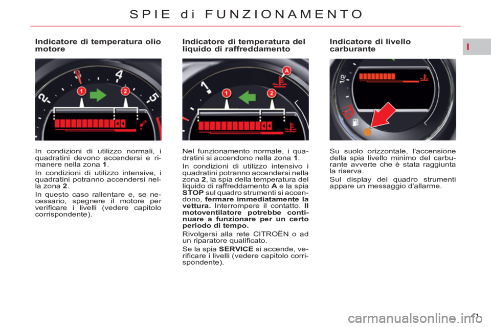 CITROEN C5 2012  Libretti Di Uso E manutenzione (in Italian) I
41 
SPIE di FUNZIONAMENTO
   
 
 
 
 
 
 
 
 
 
 
 
 
 
 
Indicatore di temperatura olio 
motore 
  In condizioni di utilizzo normali, i 
quadratini devono accendersi e ri-
manere nella zona  1 
. 
