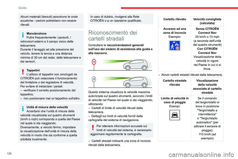 CITROEN C5 AIRCROSS 2022 Libretti Di Uso E manutenzione (in Italian) 126
Guida
Alcuni materiali (tessuti) assorbono le onde
acustiche: i pedoni potrebbero non essere
rilevati.
Manutenzione
Pulire frequentemente i paraurti, i
retrovisori esterni e il campo visivo del CITROEN C5 AIRCROSS 2022 Libretti Di Uso E manutenzione (in Italian) 126
Guida
Alcuni materiali (tessuti) assorbono le onde
acustiche: i pedoni potrebbero non essere
rilevati.
Manutenzione
Pulire frequentemente i paraurti, i
retrovisori esterni e il campo visivo del