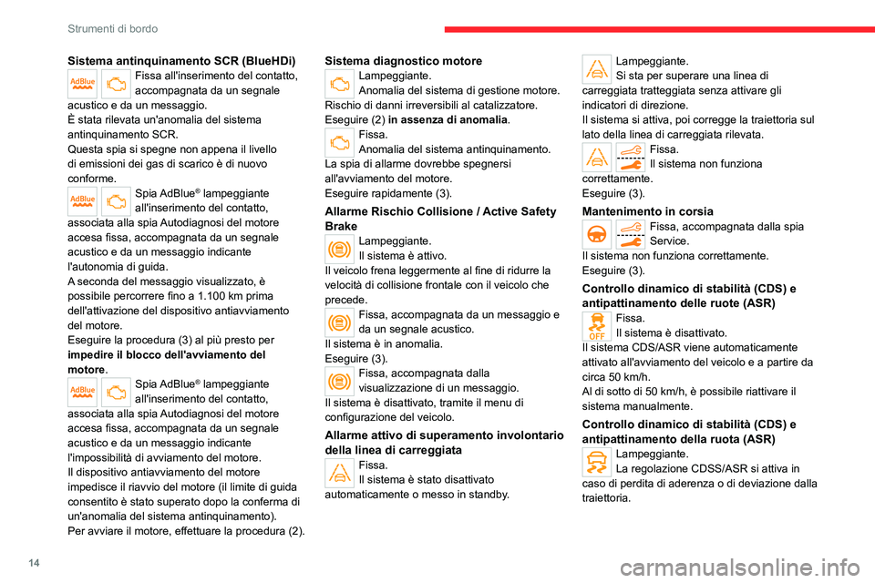 CITROEN C5 AIRCROSS 2022 Libretti Di Uso E manutenzione (in Italian) 14
Strumenti di bordo
Sistema antinquinamento SCR (BlueHDi)Fissa all'inserimento del contatto,
accompagnata da un segnale
acustico e da un messaggio.
È stata rilevata un'anomalia del sistem CITROEN C5 AIRCROSS 2022 Libretti Di Uso E manutenzione (in Italian) 14
Strumenti di bordo
Sistema antinquinamento SCR (BlueHDi)Fissa all'inserimento del contatto,
accompagnata da un segnale
acustico e da un messaggio.
È stata rilevata un'anomalia del sistem