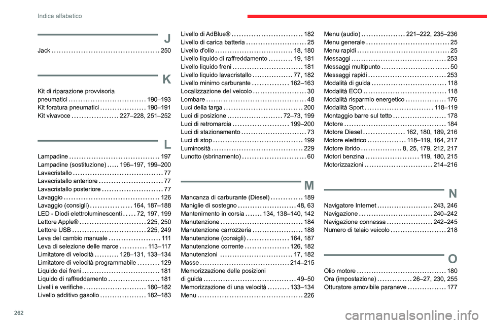 CITROEN C5 AIRCROSS 2022 Libretti Di Uso E manutenzione (in Italian) 262
Indice alfabetico
J
Jack 250
K
Kit di riparazione provvisoria
pneumatici
190–193
Kit foratura pneumatici
190–191
Kit vivavoce
227–228, 251–252
L
Lampadine 197
Lampa CITROEN C5 AIRCROSS 2022 Libretti Di Uso E manutenzione (in Italian) 262
Indice alfabetico
J
Jack 250
K
Kit di riparazione provvisoria
pneumatici
190–193
Kit foratura pneumatici
190–191
Kit vivavoce
227–228, 251–252
L
Lampadine 197
Lampa
