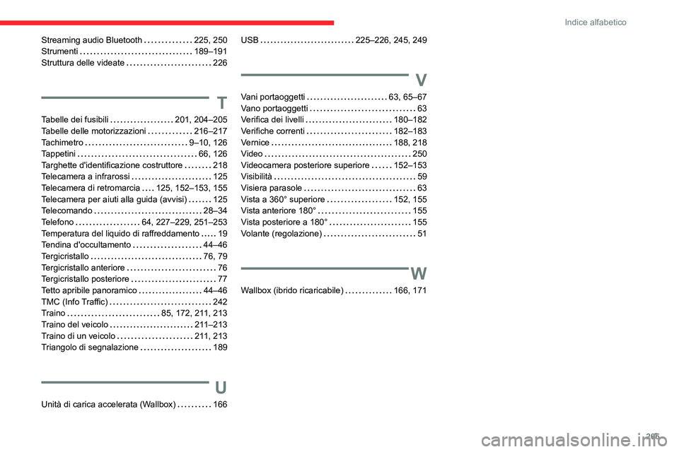 CITROEN C5 AIRCROSS 2022 Libretti Di Uso E manutenzione (in Italian) 265
Indice alfabetico
Streaming audio Bluetooth 225, 250
Strumenti
189–191
Struttura delle videate
226
T
Tabelle dei fusibili 201, 204–205
Tabelle delle motorizzazioni
216†CITROEN C5 AIRCROSS 2022 Libretti Di Uso E manutenzione (in Italian) 265
Indice alfabetico
Streaming audio Bluetooth 225, 250
Strumenti
189–191
Struttura delle videate
226
T
Tabelle dei fusibili 201, 204–205
Tabelle delle motorizzazioni
216â€