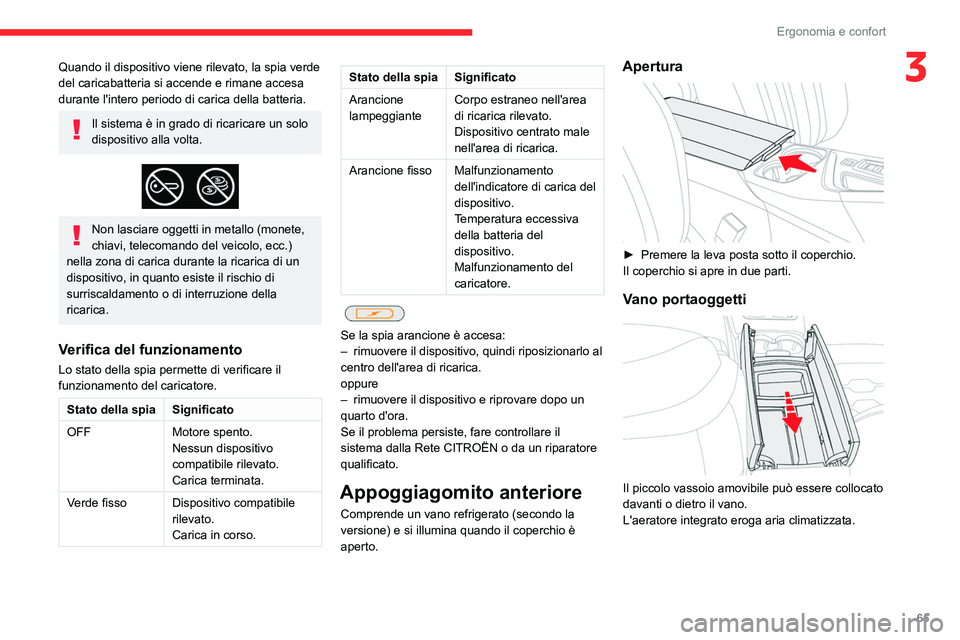 CITROEN C5 AIRCROSS 2022  Libretti Di Uso E manutenzione (in Italian) 65
Ergonomia e confort
3Quando il dispositivo viene rilevato, la spia verde 
del caricabatteria si accende e rimane accesa 
durante l'intero periodo di carica della batteria.
Il sistema è in grad