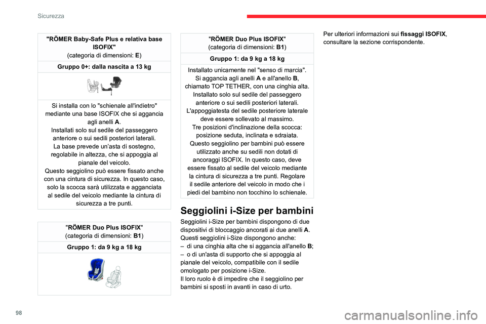 CITROEN C5 AIRCROSS 2022 Libretti Di Uso E manutenzione (in Italian) 98
Sicurezza
"RÖMER Baby-Safe Plus e relativa base ISOFIX"
(categoria di dimensioni: E)
Gruppo 0+: dalla nascita a 13 kg
Si installa con lo "schienale all'indietro"
mediante CITROEN C5 AIRCROSS 2022 Libretti Di Uso E manutenzione (in Italian) 98
Sicurezza
"RÖMER Baby-Safe Plus e relativa base ISOFIX"
(categoria di dimensioni: E)
Gruppo 0+: dalla nascita a 13 kg
Si installa con lo "schienale all'indietro"
mediante