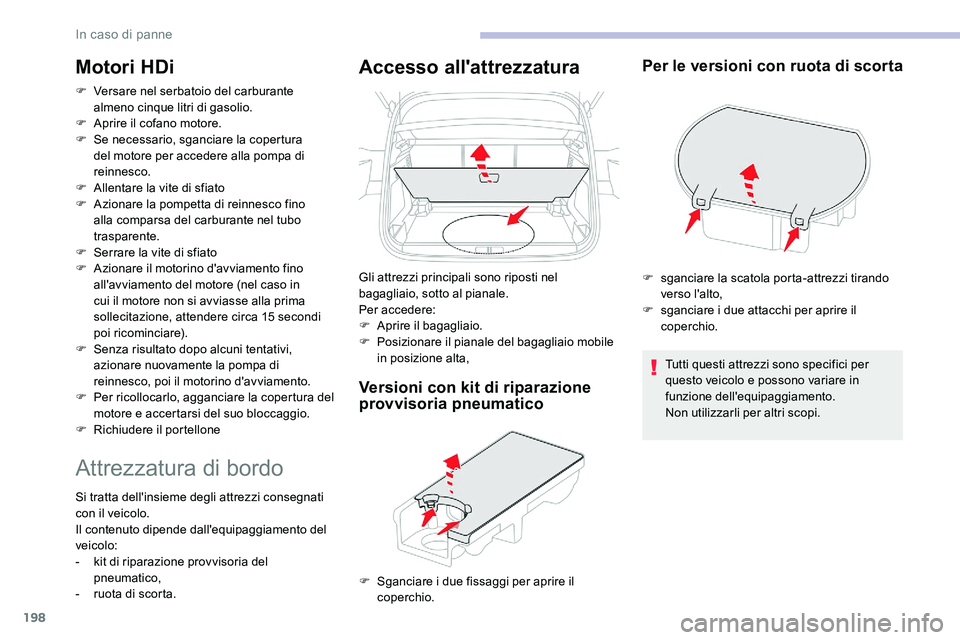 CITROEN C5 AIRCROSS 2020  Libretti Di Uso E manutenzione (in Italian) 198
Motori HDi
F Versare nel serbatoio del carburante almeno cinque litri di gasolio.
F
 
A
 prire il cofano motore.
F
 
S
 e necessario, sganciare la copertura 
del motore per accedere alla pompa di 
