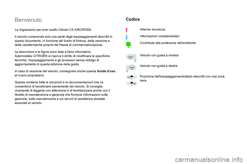 CITROEN C5 AIRCROSS 2020 Libretti Di Uso E manutenzione (in Italian) 1
Benvenuto
La ringraziamo per aver scelto Citroën C5 AIRCROSS.
I l veicolo comprende solo una parte degli equipaggiamenti descritti in
questo documento, in funzione del livello di finitura, della v CITROEN C5 AIRCROSS 2020 Libretti Di Uso E manutenzione (in Italian) 1
Benvenuto
La ringraziamo per aver scelto Citroën C5 AIRCROSS.
I l veicolo comprende solo una parte degli equipaggiamenti descritti in
questo documento, in funzione del livello di finitura, della v