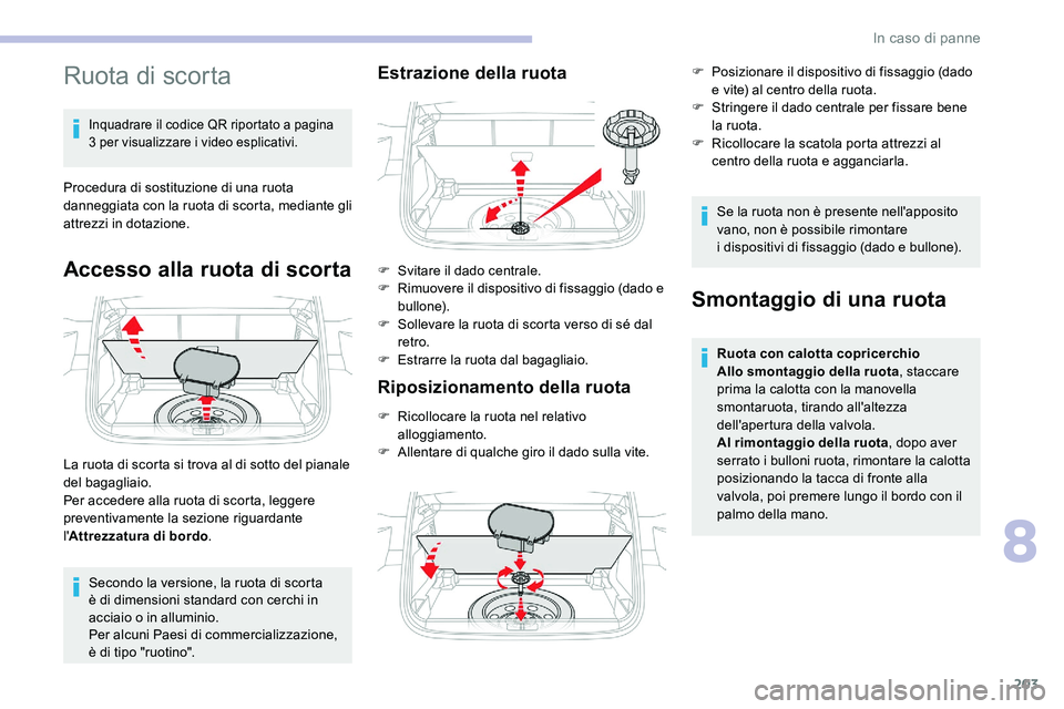 CITROEN C5 AIRCROSS 2020 Libretti Di Uso E manutenzione (in Italian) 203
Ruota di scorta
Inquadrare il codice QR riportato a pagina
3 per visualizzare i video esplicativi.
Procedura di sostituzione di una ruota
danneggiata con la ruota di scorta, mediante gli
attre CITROEN C5 AIRCROSS 2020 Libretti Di Uso E manutenzione (in Italian) 203
Ruota di scorta
Inquadrare il codice QR riportato a pagina
3 per visualizzare i video esplicativi.
Procedura di sostituzione di una ruota
danneggiata con la ruota di scorta, mediante gli
attre