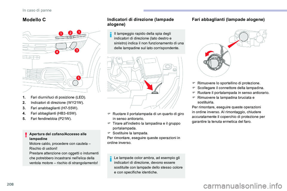 CITROEN C5 AIRCROSS 2020 Libretti Di Uso E manutenzione (in Italian) 208
Modello C
1.Fari diurni/luci di posizione (LED).
2. Indicatori di direzione (W Y21W).
3. Fari anabbaglianti (H7-55W).
4. Fari abbaglianti (HB3-65W).
5. Fari fendinebbia (P21W).
Apertura del cofano CITROEN C5 AIRCROSS 2020 Libretti Di Uso E manutenzione (in Italian) 208
Modello C
1.Fari diurni/luci di posizione (LED).
2. Indicatori di direzione (W Y21W).
3. Fari anabbaglianti (H7-55W).
4. Fari abbaglianti (HB3-65W).
5. Fari fendinebbia (P21W).
Apertura del cofano