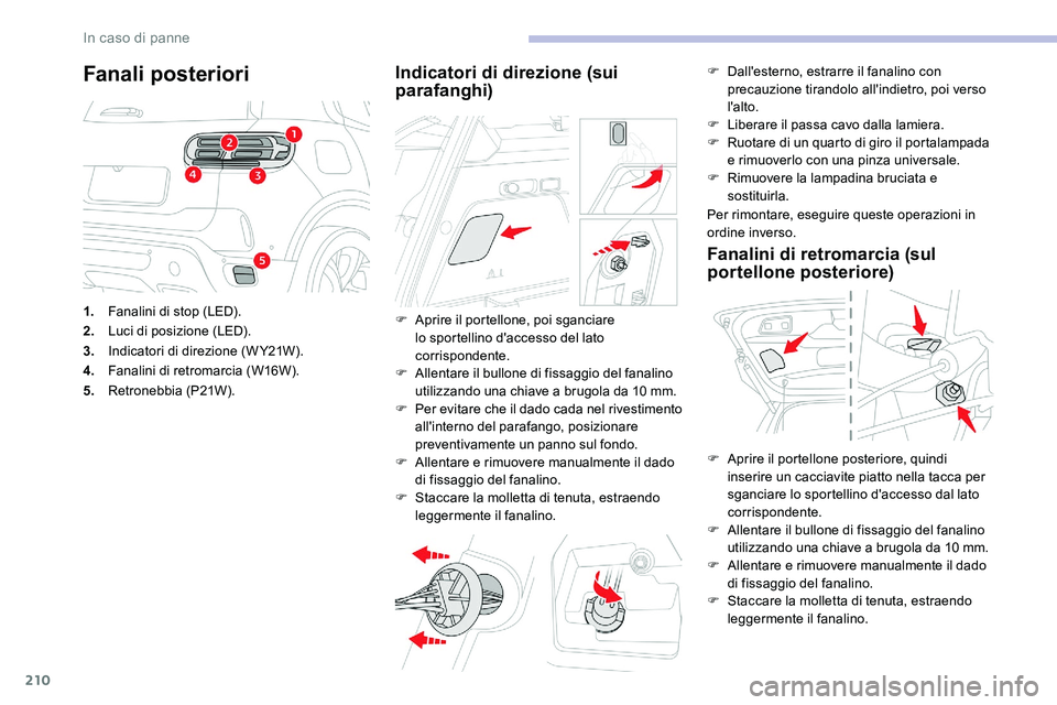 CITROEN C5 AIRCROSS 2020  Libretti Di Uso E manutenzione (in Italian) 210
Fanali posteriori
1.Fanalini di stop (LED).
2. Luci di posizione (LED).
3. Indicatori di direzione (W Y21W).
4. Fanalini di retromarcia (W16W).
5. Retronebbia (P21W).
Indicatori di direzione (sui 