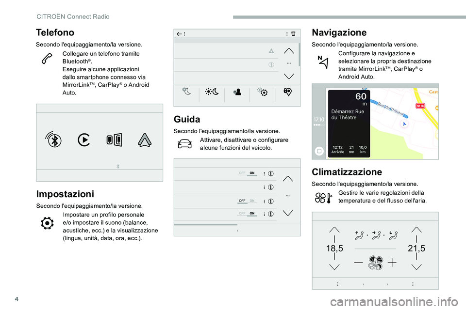 CITROEN C5 AIRCROSS 2020  Libretti Di Uso E manutenzione (in Italian) 4
21,518,5
Telefono
Secondo l'equipaggiamento/la versione.Collegare un telefono tramite 
Bluetooth
®.
Eseguire alcune applicazioni 
dallo smartphone connesso via 
MirrorLink
TM, CarPlay® o Andro
