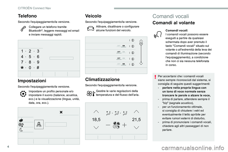CITROEN C5 AIRCROSS 2020 Libretti Di Uso E manutenzione (in Italian) 4
21,518,5
Telefono
Secondo l'equipaggiamento/la versione.Collegare un telefono tramite
Bluetooth
®, leggere messaggi ed email
e inviare messaggi rapidi.
Impostazioni
Secondo l'equipaggiame CITROEN C5 AIRCROSS 2020 Libretti Di Uso E manutenzione (in Italian) 4
21,518,5
Telefono
Secondo l'equipaggiamento/la versione.Collegare un telefono tramite
Bluetooth
®, leggere messaggi ed email
e inviare messaggi rapidi.
Impostazioni
Secondo l'equipaggiame