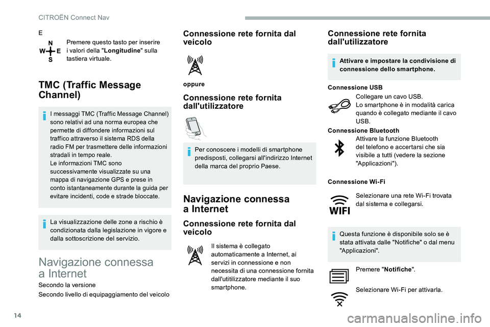 CITROEN C5 AIRCROSS 2020  Libretti Di Uso E manutenzione (in Italian) 14
EPremere questo tasto per inserire 
i
  valori della " Longitudine " sulla 
tastiera virtuale.
TMC (Traffic Message 
Channel)
I messaggi TMC (Traffic Message Channel) 
sono relativi ad una 
