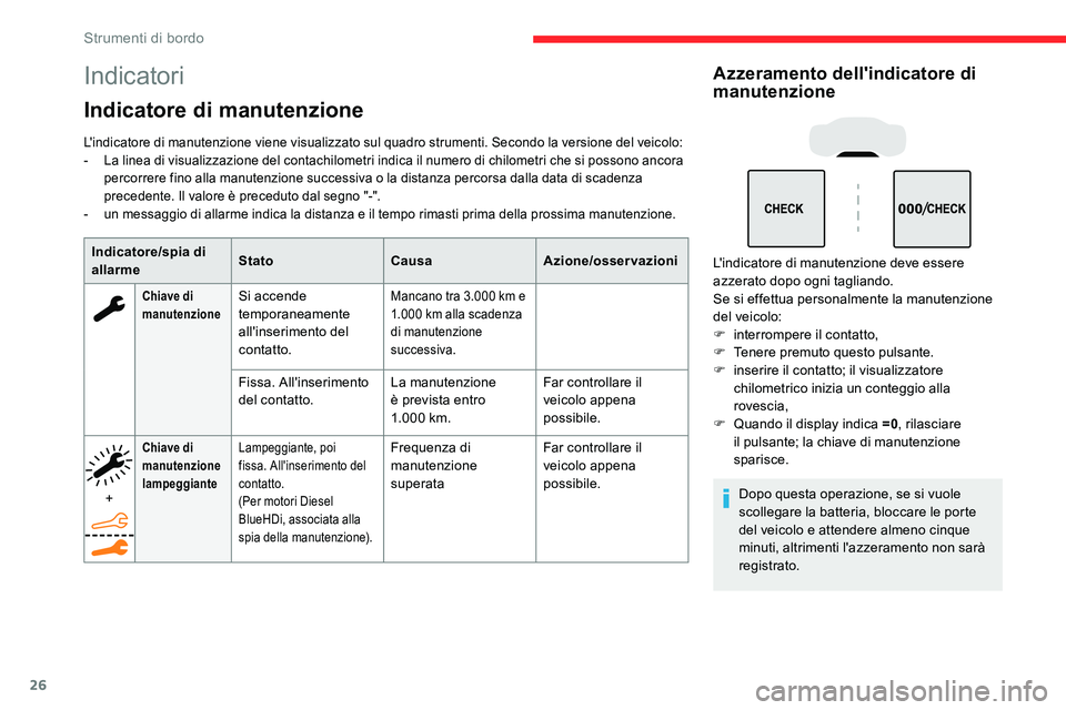 CITROEN C5 AIRCROSS 2020 Libretti Di Uso E manutenzione (in Italian) 26
Indicatori
Indicatore di manutenzione
L'indicatore di manutenzione viene visualizzato sul quadro strumenti. Secondo la versione del veicolo:
- L a linea di visualizzazione del contachilometri i CITROEN C5 AIRCROSS 2020 Libretti Di Uso E manutenzione (in Italian) 26
Indicatori
Indicatore di manutenzione
L'indicatore di manutenzione viene visualizzato sul quadro strumenti. Secondo la versione del veicolo:
- L a linea di visualizzazione del contachilometri i