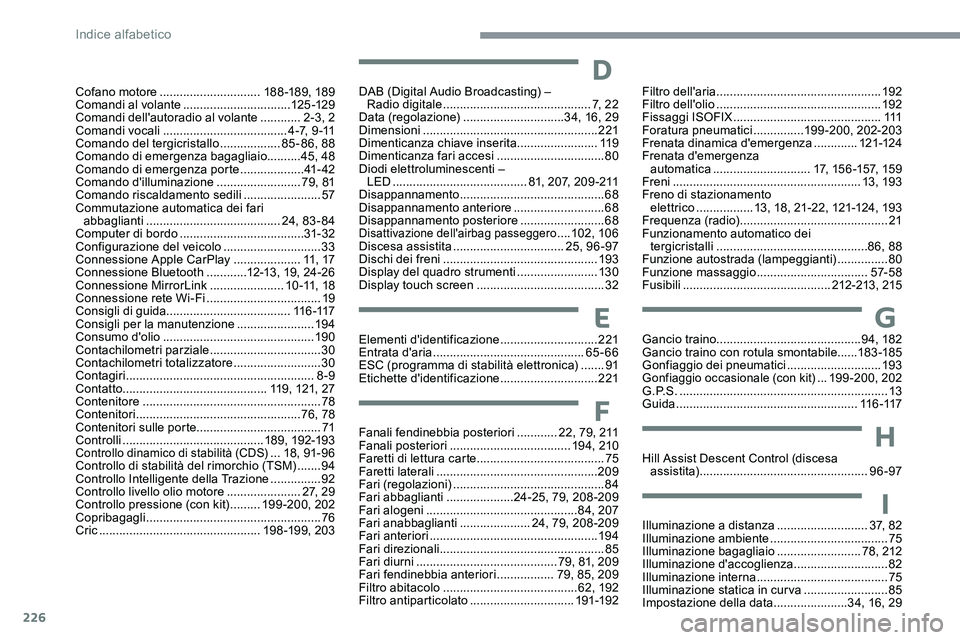 CITROEN C5 AIRCROSS 2020 Libretti Di Uso E manutenzione (in Italian) 226
Elementi d'identificazione .............................2 21
Entrata d'aria ............................................. 65-66
ESC (programma di stabilità elettronica)
.......91
Etich CITROEN C5 AIRCROSS 2020 Libretti Di Uso E manutenzione (in Italian) 226
Elementi d'identificazione .............................2 21
Entrata d'aria ............................................. 65-66
ESC (programma di stabilità elettronica)
.......91
Etich