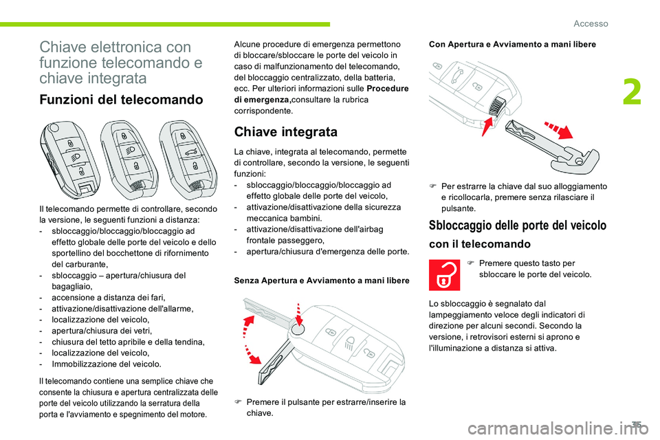 CITROEN C5 AIRCROSS 2020 Libretti Di Uso E manutenzione (in Italian) 35
Chiave elettronica con
funzione telecomando e
chiave integrata
Funzioni del telecomando
Il telecomando contiene una semplice chiave che
consente la chiusura e apertura centralizzata delle
porte CITROEN C5 AIRCROSS 2020 Libretti Di Uso E manutenzione (in Italian) 35
Chiave elettronica con
funzione telecomando e
chiave integrata
Funzioni del telecomando
Il telecomando contiene una semplice chiave che
consente la chiusura e apertura centralizzata delle
porte