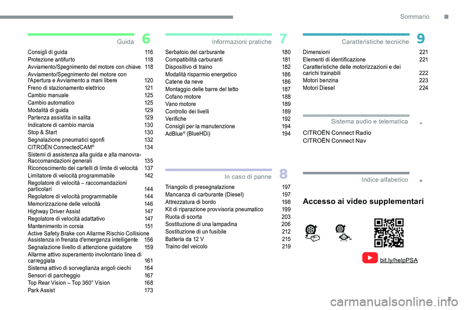 CITROEN C5 AIRCROSS 2020  Libretti Di Uso E manutenzione (in Italian) 3
.
.
Consigli di guida 116
Protezione antifurto  1 18
Avviamento/Spegnimento del motore con chiave 11 8
A
vviamento/Spegnimento del motore con  
l'Apertura e Avviamento a
 
mani libere
 
1
 20
Fr