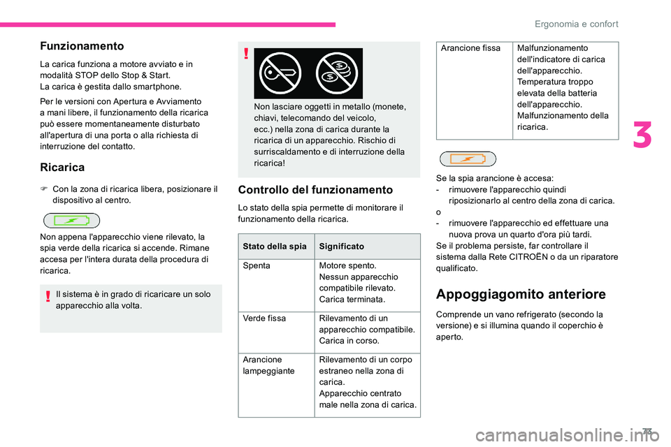 CITROEN C5 AIRCROSS 2020  Libretti Di Uso E manutenzione (in Italian) 73
Funzionamento
La carica funziona a motore avviato e in 
m odalità STOP dello Stop & Start.
La carica è gestita dallo smartphone.
Per le versioni con Apertura e Avviamento 
a
  mani libere, il fun