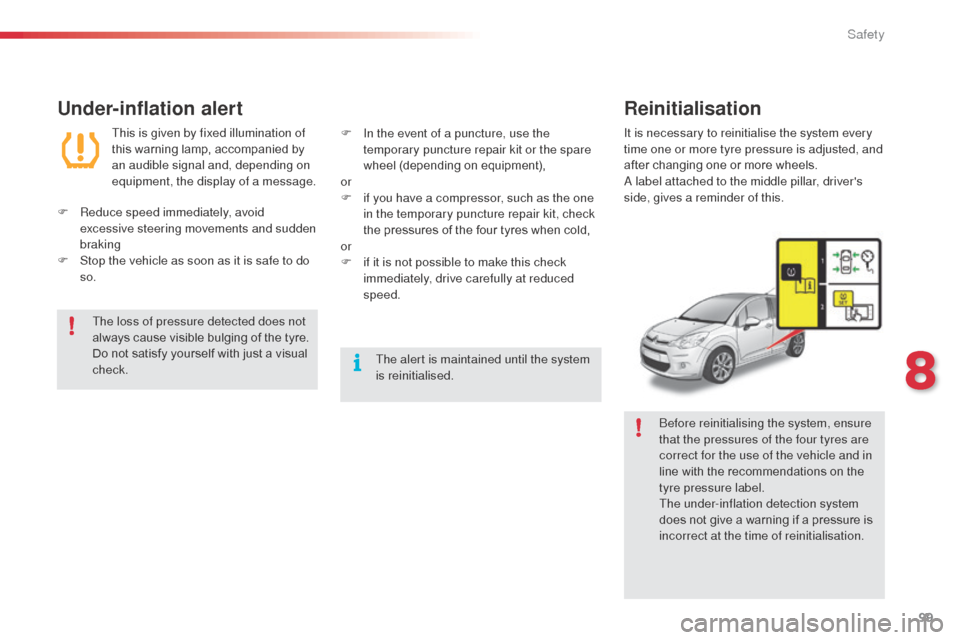 Citroen C3 2014 2.G Owners Manual 99
C3_en_Chap08_Securite_ed01-2014
Under-inflation alert
This is given by fixed illumination of
this warning lamp, accompanied by
an audible signal and, depending on
equipment, the display of a mes Citroen C3 2014 2.G Owners Manual 99
C3_en_Chap08_Securite_ed01-2014
Under-inflation alert
This is given by fixed illumination of
this warning lamp, accompanied by
an audible signal and, depending on
equipment, the display of a mes