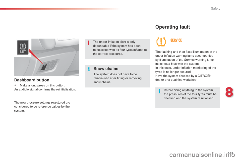 Citroen C3 2014 2.G Owners Manual 101
C3_en_Chap08_Securite_ed01-2014
Operating fault
Snow chains
The system does not have to be 
reinitialised after fitting or removing 
snow chains.The flashing and then fixed illumination of the 
un