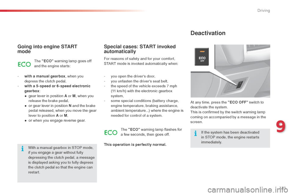 Citroen C3 2014 2.G Owners Manual 121
C3_en_Chap09_Conduite_ed01-2014
C3_en_Chap09_Conduite_ed01-2014
Going into engine START  
mode
The "ECO" warning lamp goes off 
and the engine starts:
-
 
w

ith a manual gearbox , when you 
depre