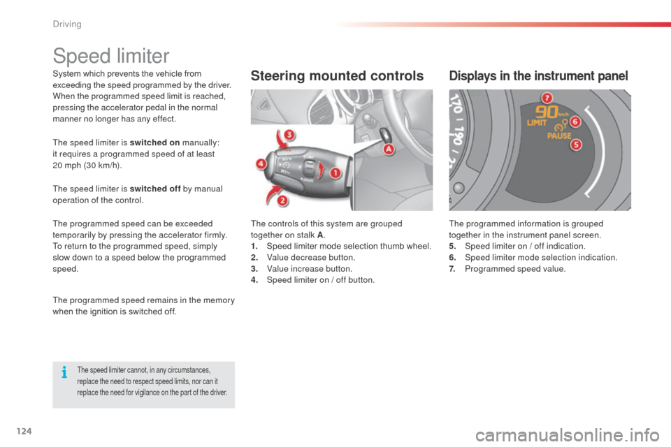Citroen C3 2014 2.G Owners Manual 124
C3_en_Chap09_Conduite_ed01-2014
C3_en_Chap09_Conduite_ed01-2014
System which prevents the vehicle from
exceeding the speed programmed by the driver.
When the programmed speed limit is reached,
p Citroen C3 2014 2.G Owners Manual 124
C3_en_Chap09_Conduite_ed01-2014
C3_en_Chap09_Conduite_ed01-2014
System which prevents the vehicle from
exceeding the speed programmed by the driver.
When the programmed speed limit is reached,
p