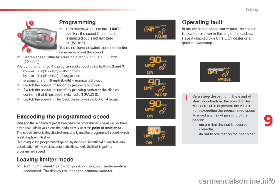 Citroen C3 2014 2.G Owners Manual 125
C3_en_Chap09_Conduite_ed01-2014
C3_en_Chap09_Conduite_ed01-2014
Programming
F Turn thumb wheel 1 to the "LIMIT"
position: the speed limiter mode
is selected but is not switched
on
(P a
U
S Citroen C3 2014 2.G Owners Manual 125
C3_en_Chap09_Conduite_ed01-2014
C3_en_Chap09_Conduite_ed01-2014
Programming
F Turn thumb wheel 1 to the "LIMIT"
position: the speed limiter mode
is selected but is not switched
on
(P a
U
S