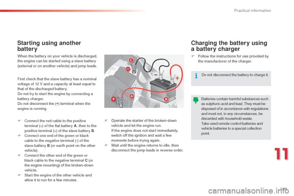 Citroen C3 2014 2.G Owners Manual 169
C3_en_Chap11_Info-pratiques_ed01-2014
Starting using another
batteryCharging the battery using
a battery charger
When the battery on your vehicle is discharged,
the engine can be started using Citroen C3 2014 2.G Owners Manual 169
C3_en_Chap11_Info-pratiques_ed01-2014
Starting using another
batteryCharging the battery using
a battery charger
When the battery on your vehicle is discharged,
the engine can be started using