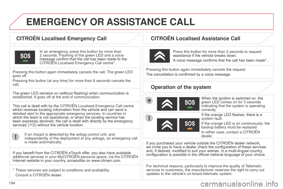 Citroen C3 2014 2.G Owners Manual 194
C3_en_Chap13a_bTa_ed01-2014
EMERGENCY OR  ASSIST ANCE   CALL
CITROËN Localised Emergency Call
In an emergency, press this button for more than 
2
  seconds. Flashing of the green LE d  and a voic
