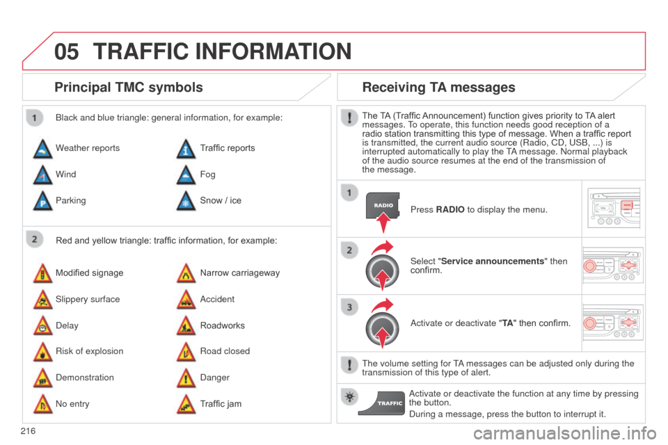 Citroen C3 2014 2.G Owners Manual 05
216
C3_en_Chap13b_RT6-2-8_ed01-2014
Principal TMC symbols
Red and yellow triangle: traffic information, for example:
b
lack and blue triangle: general information, for example:
Weather reports
Modi Citroen C3 2014 2.G Owners Manual 05
216
C3_en_Chap13b_RT6-2-8_ed01-2014
Principal TMC symbols
Red and yellow triangle: traffic information, for example:
b
lack and blue triangle: general information, for example:
Weather reports
Modi
