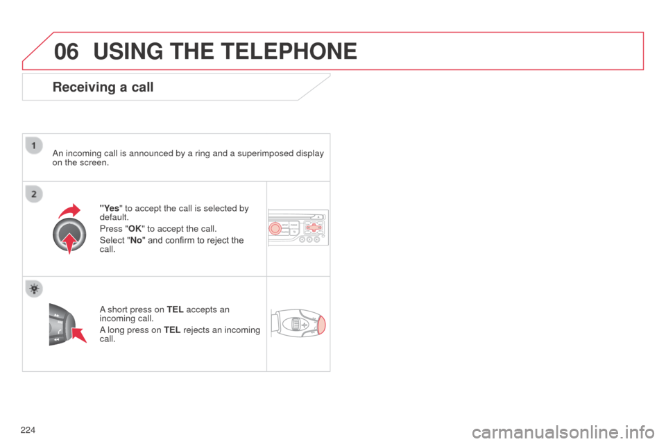 Citroen C3 2014 2.G Owners Manual 06
224
C3_en_Chap13b_RT6-2-8_ed01-2014
USING THE TELEPHONE
Receiving a call
an incoming call is announced by a ring and a superimposed display 
on the screen.
"Y
es" to accept the call is selected by 