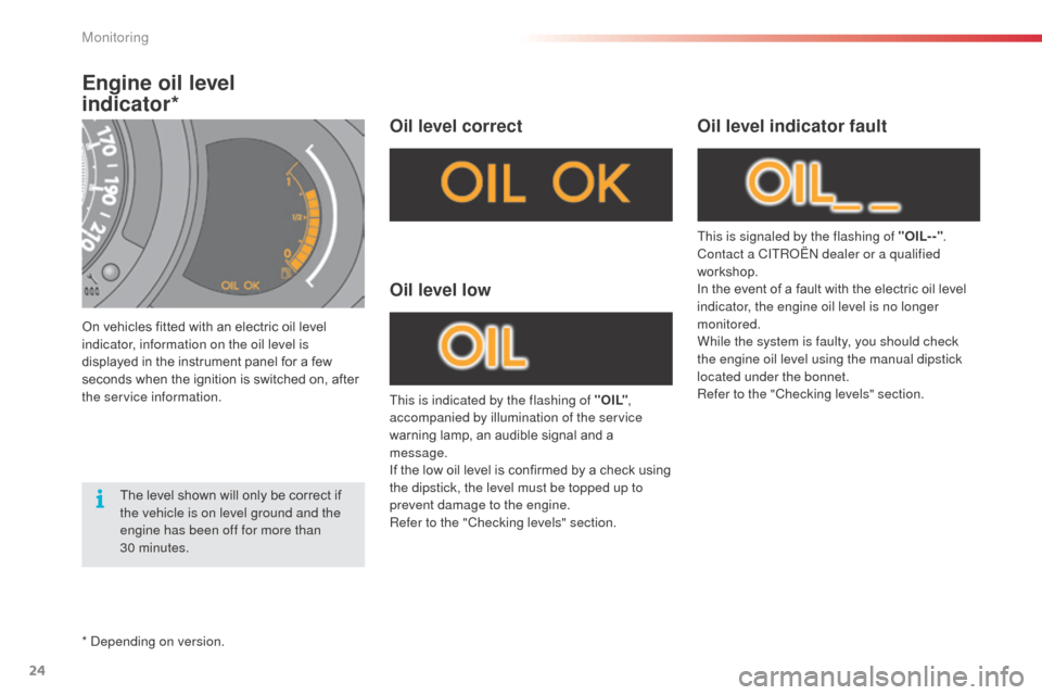 Citroen C3 2014 2.G Owners Manual 24
C3_en_Chap01_Controle-de-marche_ed01-2014
C3_en_Chap01_Controle-de-marche_ed01-2014
Engine oil level  
indicator*
On vehicles fitted with an electric oil level 
indicator, information on the oil le