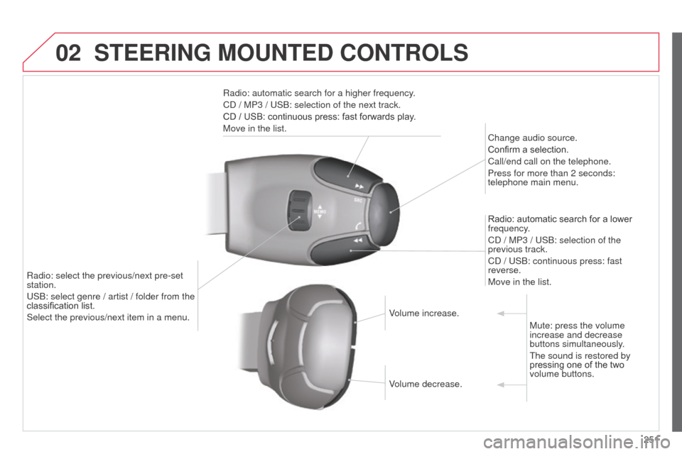 Citroen C3 2014 2.G Owners Manual 02
251
C3_en_Chap13c_Rd45_ed01_2014
STEERING MOUNTED CONTROLS
Radio: automatic search for a higher frequency.
Cd / MP3 / US b : selection of the next track.
CD / USB: continuous press: fast forwards Citroen C3 2014 2.G Owners Manual 02
251
C3_en_Chap13c_Rd45_ed01_2014
STEERING MOUNTED CONTROLS
Radio: automatic search for a higher frequency.
Cd / MP3 / US b : selection of the next track.
CD / USB: continuous press: fast forwards