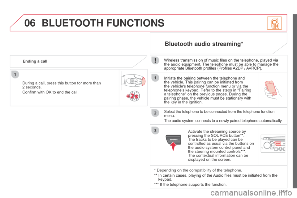 Citroen C3 2014 2.G Owners Manual 06
261
C3_en_Chap13c_Rd45_ed01_2014
Initiate the pairing between the telephone and
the vehicle. This pairing can be initiated from
the vehicles telephone function menu or via the
telephones keypa Citroen C3 2014 2.G Owners Manual 06
261
C3_en_Chap13c_Rd45_ed01_2014
Initiate the pairing between the telephone and
the vehicle. This pairing can be initiated from
the vehicles telephone function menu or via the
telephones keypa