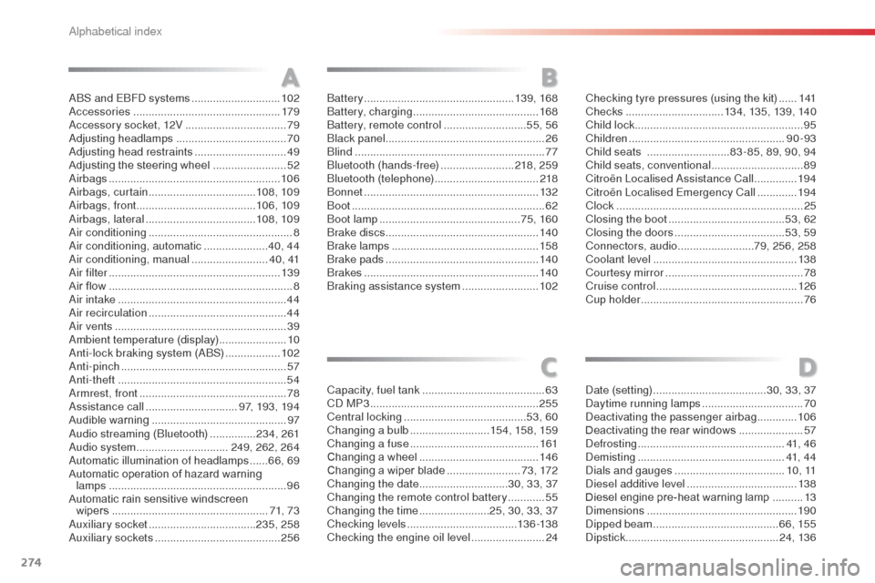 Citroen C3 2014 2.G Owners Manual 274
abS and EbFd systems   .............................102ac
cessories  ................................................ 179
ac

cessory socket, 12V   .................................79
ad

justing 