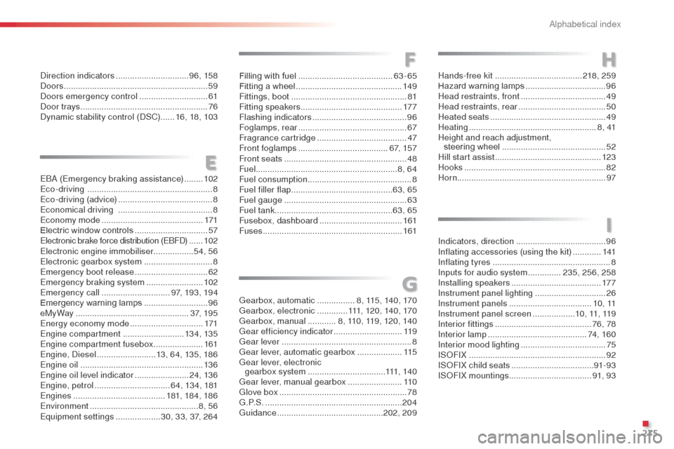 Citroen C3 2014 2.G User Guide 275
Eba (Emergency braking assistance) ........102
Eco-driving    ..................................................... 8
Eco-driving (advice)
 

........................................ 8
Economical 