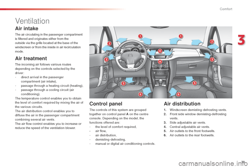 Citroen C3 2014 2.G Owners Manual 39
C3_en_Chap03_Confort_ed01-2014
Ventilation
Air intake
The air circulating in the passenger compartment 
is filtered and originates either from the 
outside via the grille located at the base of the