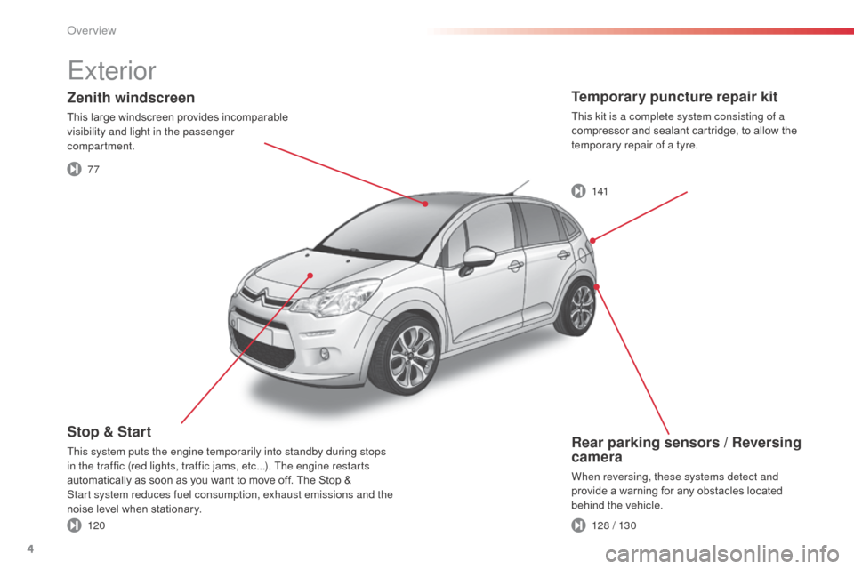 Citroen C3 2014 2.G Owners Manual 4
C3_en_Chap00b_vue-ensemble_ed01-2014
Rear parking sensors / Reversing 
camera
When reversing, these systems detect and 
provide a warning for any obstacles located 
behind the vehicle.
Stop & Start
