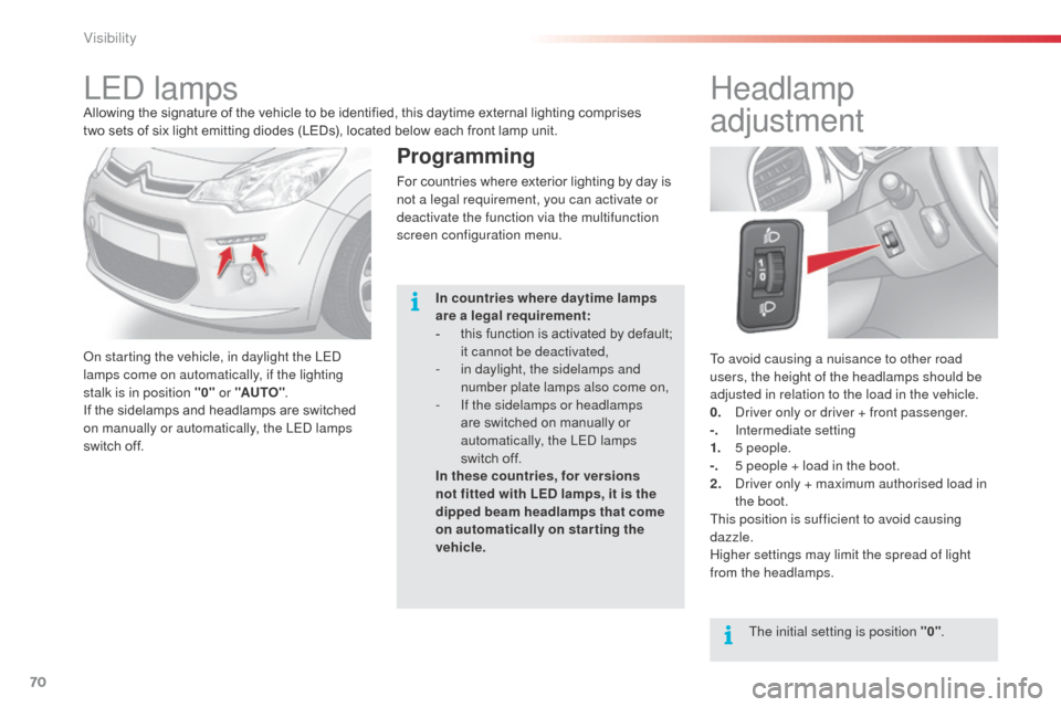 Citroen C3 2014 2.G Owners Manual 70
C3_en_Chap05_Visibilite_ed01-2014
To avoid causing a nuisance to other road 
users, the height of the headlamps should be 
adjusted in relation to the load in the vehicle.
0.  d
r
 iver only or dri