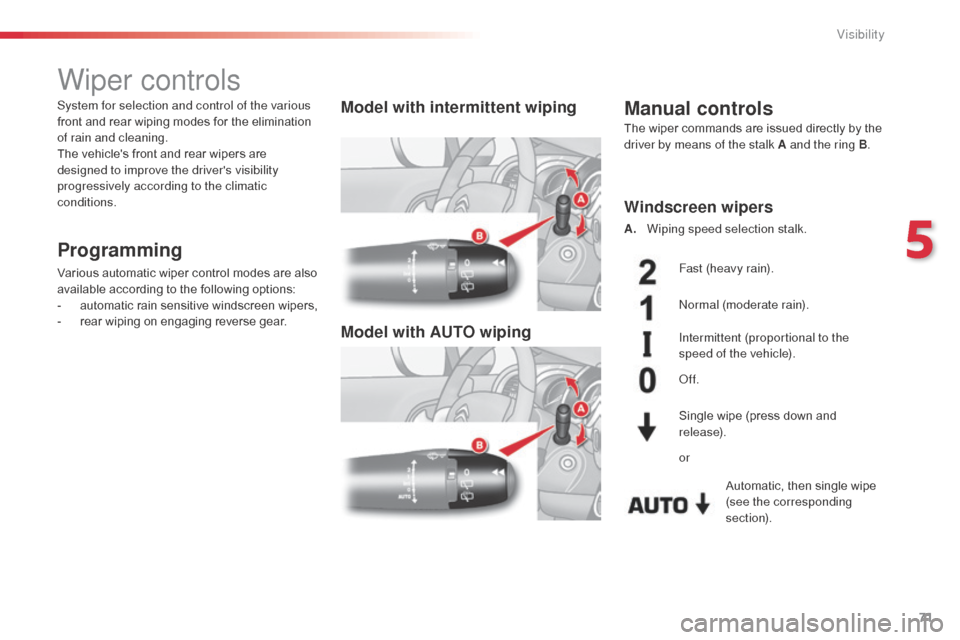 Citroen C3 2014 2.G Manual PDF 71
C3_en_Chap05_Visibilite_ed01-2014
Wiper controls
Programming
Various automatic wiper control modes are also
available according to the following options:
-
a
utomatic rain sensitive windscreen wi Citroen C3 2014 2.G Manual PDF 71
C3_en_Chap05_Visibilite_ed01-2014
Wiper controls
Programming
Various automatic wiper control modes are also
available according to the following options:
-
a
utomatic rain sensitive windscreen wi