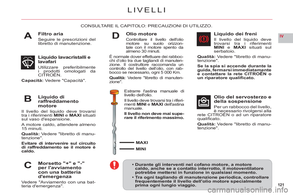 CITROEN C6 2012  Libretti Di Uso E manutenzione (in Italian) 121
IVA
B
C
D
LIVELLI
Filtro aria
Seguire le prescrizioni del libretto di manutenzione.
CONSULTARE IL CAPITOLO: PRECAUZIONI DI UTILIZZO.
Liquido lavacristalli e lavafari
Utilizzare preferibilmente i p