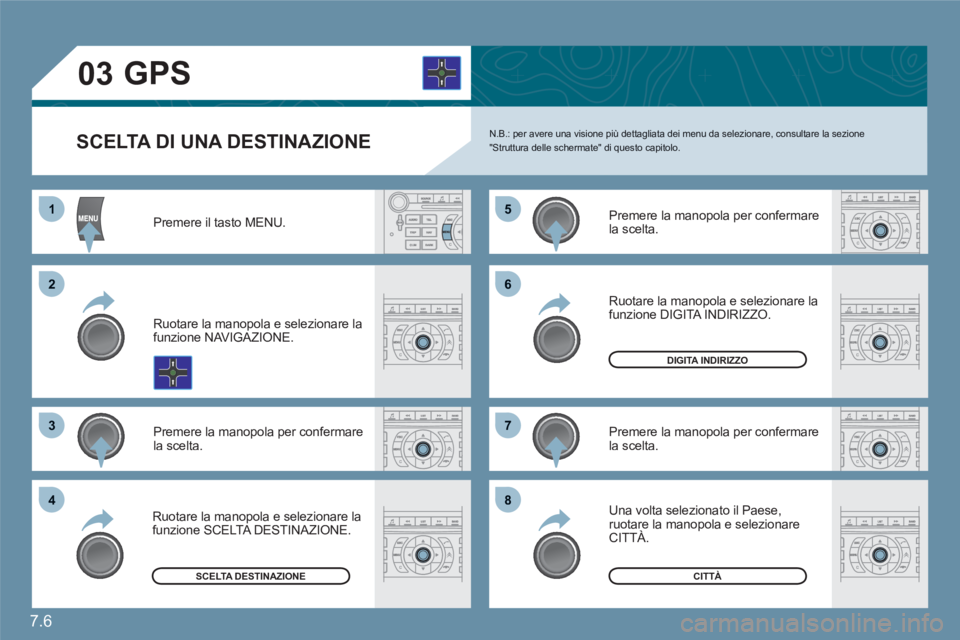 CITROEN C6 2012 Libretti Di Uso E manutenzione (in Italian) 7.6
11
22
33
55
77
44
66
88
03
SCELTA DI UNA DESTINAZIONEN.B.: per avere una visione più dettagliata dei menu da selezionare, consultare la sezione"Struttura delle schermate" di questo capitolo.
Pre CITROEN C6 2012 Libretti Di Uso E manutenzione (in Italian) 7.6
11
22
33
55
77
44
66
88
03
SCELTA DI UNA DESTINAZIONEN.B.: per avere una visione più dettagliata dei menu da selezionare, consultare la sezione"Struttura delle schermate" di questo capitolo.
Pre