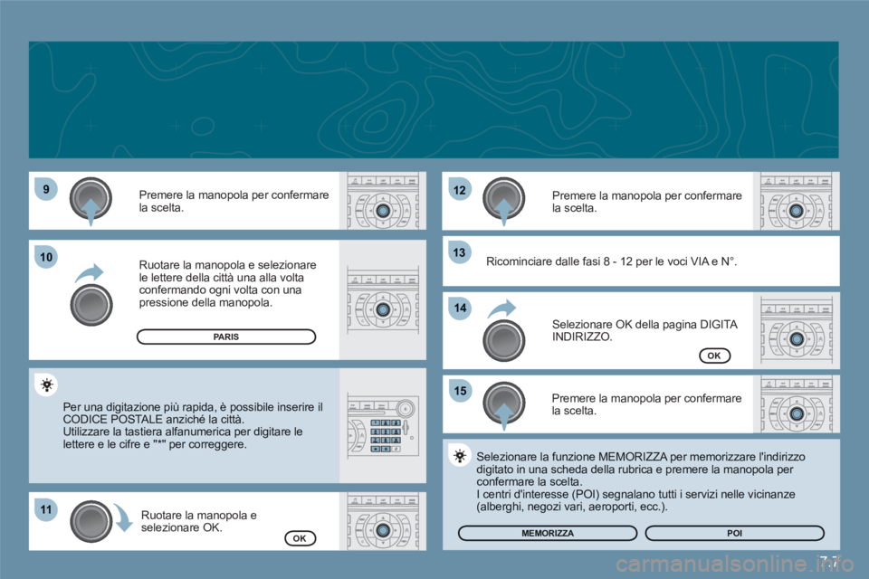CITROEN C6 2012 Libretti Di Uso E manutenzione (in Italian) 7.7
99
1111
1212
1313
1515
1010
1414
Premere la manopola per confermare la scelta.
Ruotare la manopola e selezionare le lettere della città una alla volta confermando ogni volta con una pressione de CITROEN C6 2012 Libretti Di Uso E manutenzione (in Italian) 7.7
99
1111
1212
1313
1515
1010
1414
Premere la manopola per confermare la scelta.
Ruotare la manopola e selezionare le lettere della città una alla volta confermando ogni volta con una pressione de