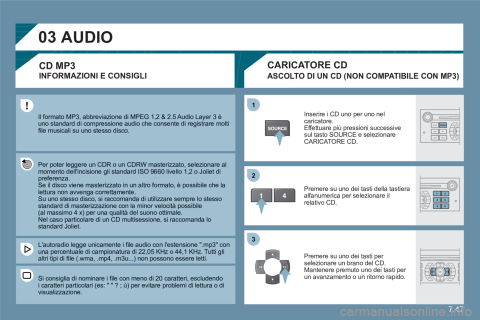 CITROEN C6 2012 Libretti Di Uso E manutenzione (in Italian) 7.47
03
11
22
33
Il formato MP3, abbreviazione di MPEG 1,2 & 2.5 Audio Layer 3 èuno standard di compressione audio che consente di registrare moltifi le musicali su uno stesso disco.
Per poter l CITROEN C6 2012 Libretti Di Uso E manutenzione (in Italian) 7.47
03
11
22
33
Il formato MP3, abbreviazione di MPEG 1,2 & 2.5 Audio Layer 3 èuno standard di compressione audio che consente di registrare moltifi le musicali su uno stesso disco.
Per poter l