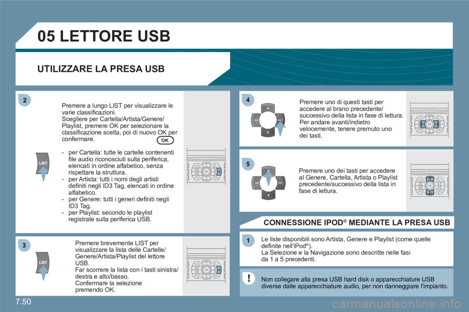 CITROEN C6 2012 Libretti Di Uso E manutenzione (in Italian) 7.50
33
05
44
11
55
22
LETTORE USB
UTILIZZARE LA PRESA USB
Premere brevemente LIST per visualizzare la lista delle Cartelle/ Genere/Artista/Playlist del lettore USB. Far scorrere la lista con i tas CITROEN C6 2012 Libretti Di Uso E manutenzione (in Italian) 7.50
33
05
44
11
55
22
LETTORE USB
UTILIZZARE LA PRESA USB
Premere brevemente LIST per visualizzare la lista delle Cartelle/ Genere/Artista/Playlist del lettore USB. Far scorrere la lista con i tas