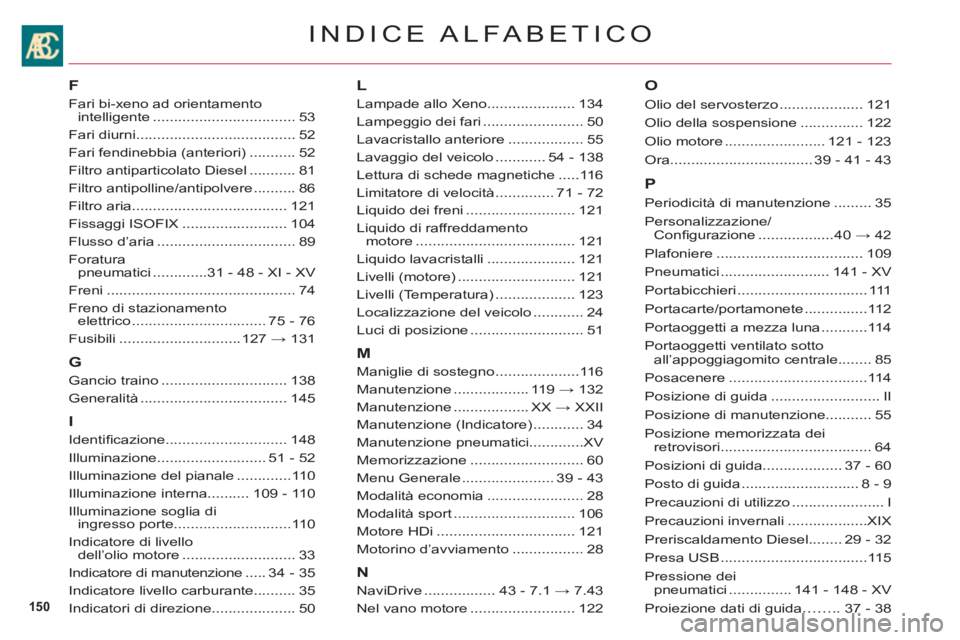 CITROEN C6 2012 Libretti Di Uso E manutenzione (in Italian) 150
INDICE ALFABETICO
F
Fari bi-xeno ad orientamento intelligente..................................53
Fari diurni......................................52
Fari fendinebbia (anteriori)...........52
Filt CITROEN C6 2012 Libretti Di Uso E manutenzione (in Italian) 150
INDICE ALFABETICO
F
Fari bi-xeno ad orientamento intelligente..................................53
Fari diurni......................................52
Fari fendinebbia (anteriori)...........52
Filt