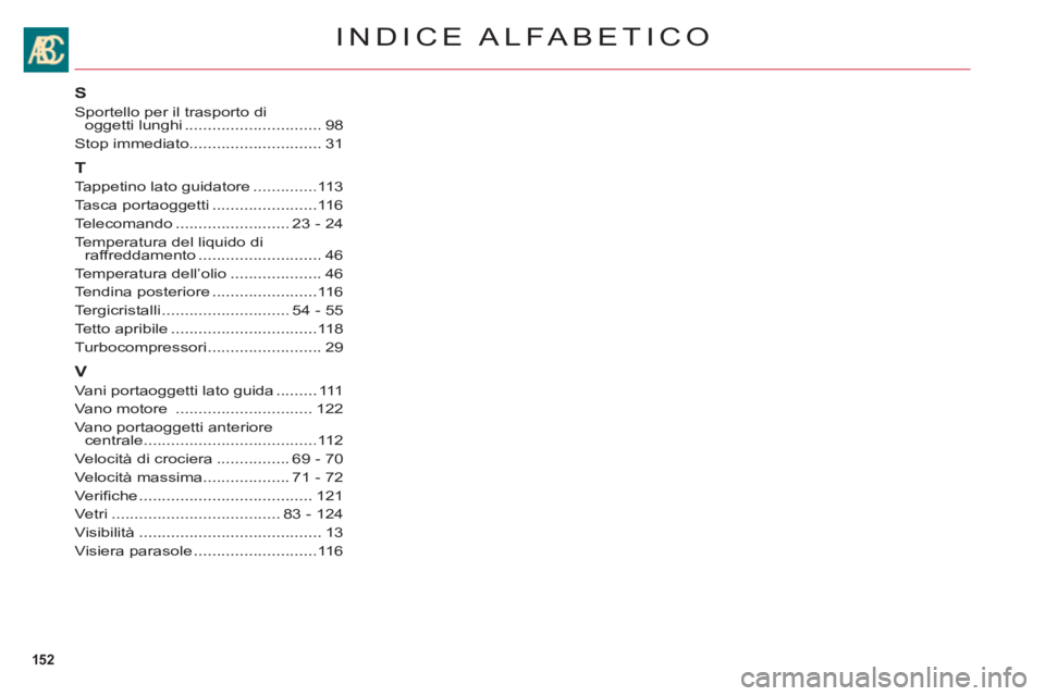 CITROEN C6 2012 Libretti Di Uso E manutenzione (in Italian) 152
INDICE ALFABETICO
S
Sportello per il trasporto dioggetti lunghi..............................98
Stop immediato.............................31
T
Tappetino lato guidatore..............113
Tasca port CITROEN C6 2012 Libretti Di Uso E manutenzione (in Italian) 152
INDICE ALFABETICO
S
Sportello per il trasporto dioggetti lunghi..............................98
Stop immediato.............................31
T
Tappetino lato guidatore..............113
Tasca port