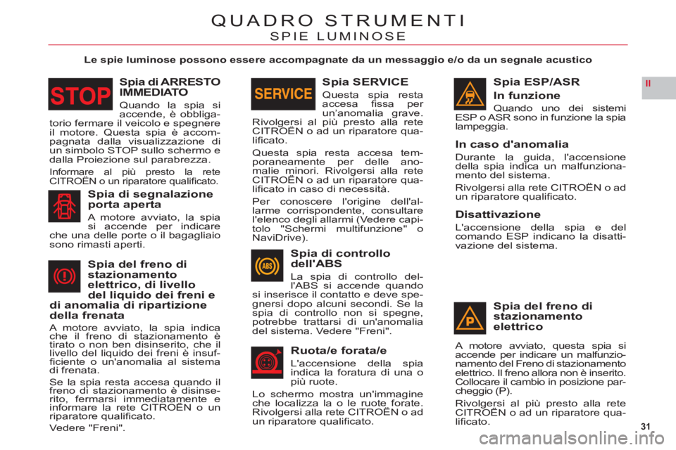 CITROEN C6 2012 Libretti Di Uso E manutenzione (in Italian) 31
II
QUADRO STRUMENTI
SPIE LUMINOSE
Le spie luminose possono essere accompagnate da un messaggio e/o da un segnale acustico
Spia ESP/ASR
In funzion
e
Quando uno dei sistemi
ESP o ASR sono in funzion CITROEN C6 2012 Libretti Di Uso E manutenzione (in Italian) 31
II
QUADRO STRUMENTI
SPIE LUMINOSE
Le spie luminose possono essere accompagnate da un messaggio e/o da un segnale acustico
Spia ESP/ASR
In funzion
e
Quando uno dei sistemi
ESP o ASR sono in funzion